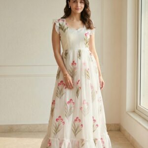 White Floral Printed Party Wear Casual Long Gown