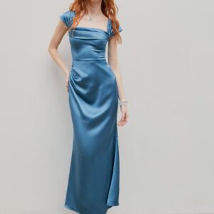 Blue Ruched Satin Maxi Dress